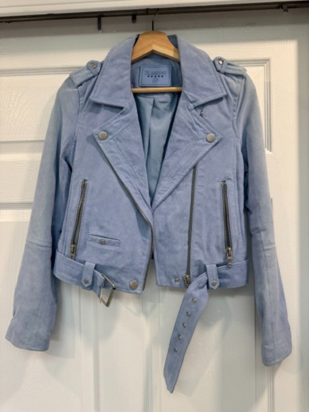 BLANKNYC Suede Moto Jacket Light Blue Belted Cropped Size XS